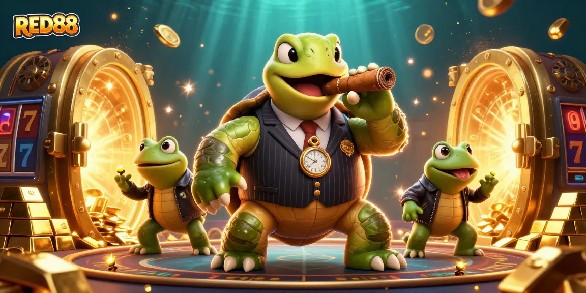 Engage with RED88’s vibrant casino atmosphere featuring a mobster turtle and bullfrog enforcers.
