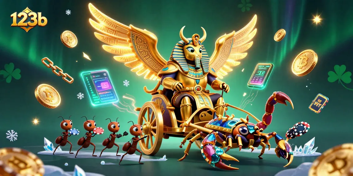 Engage with thrilling casino action featuring 123b, a colossal golden scarab beetle amidst vibrant gaming visuals.