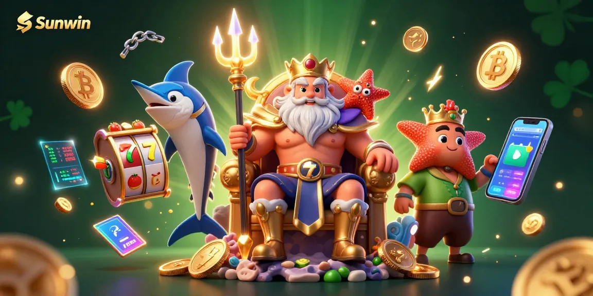 Sunwin offers an engaging experience with vibrant gaming elements and cartoon characters interacting in a dynamic casino setting.