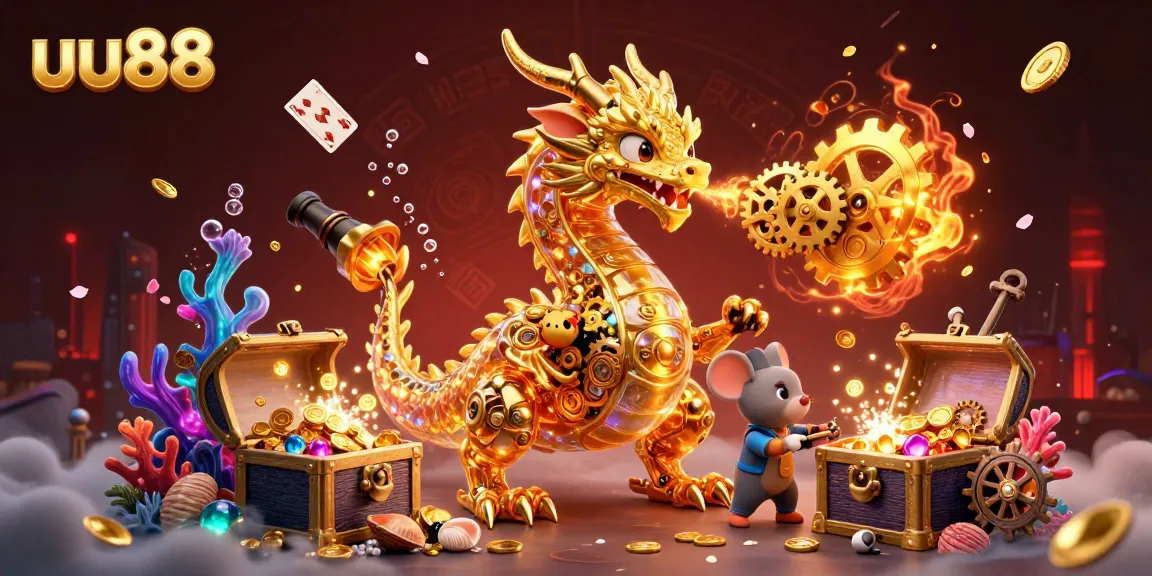 Engage with the immersive experience of uu88, featuring golden dragon and treasure elements in a vibrant casino scene.