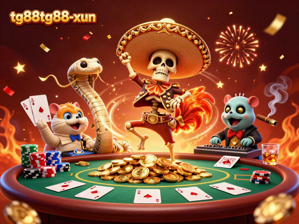 Engage in thrilling gameplay at tg88tg88-xun with vibrant characters dancing among poker elements.