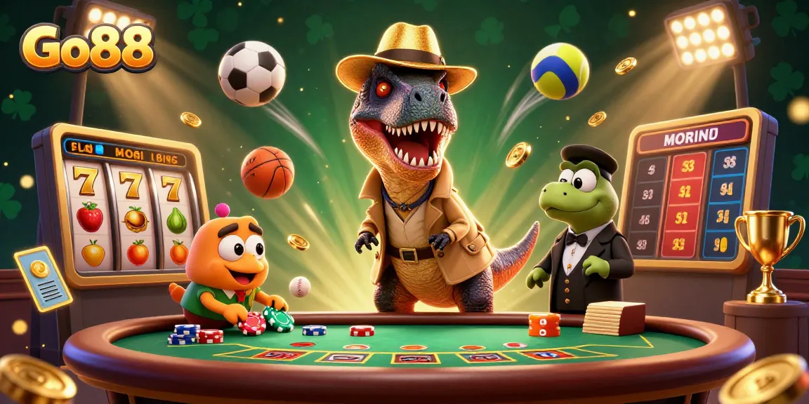 Go88 velociraptor card counter blends in at a blackjack table amid vibrant casino elements.