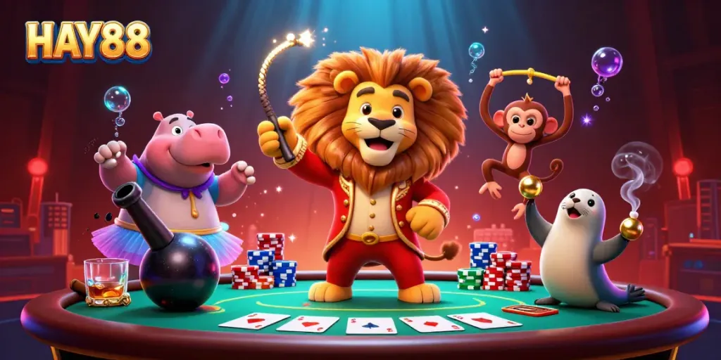 Engage with immersive gaming at HAY88, featuring a lively circus scene with casino elements.