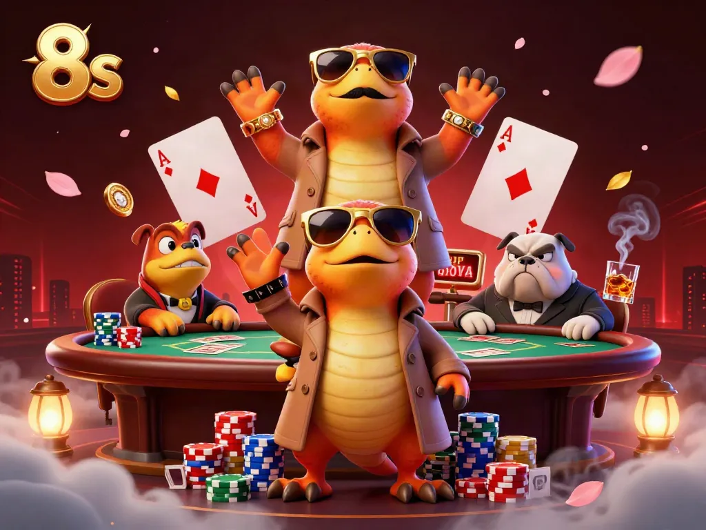 Engaging scene with 3D raptors and bulldog at a VIP casino lounge showcasing poker action in a festive atmosphere