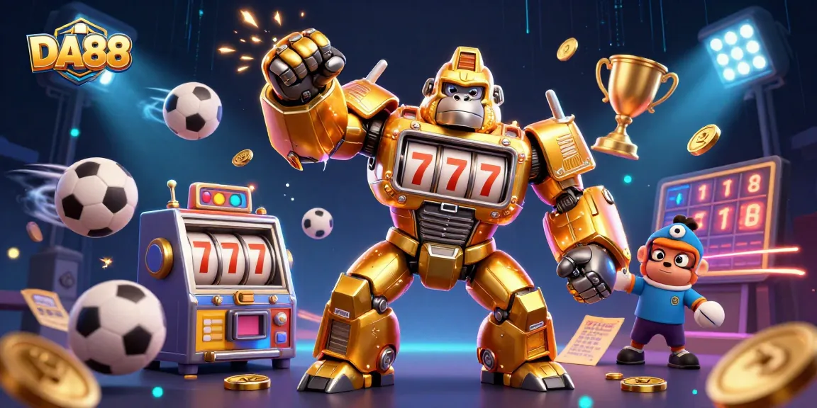 Experience DA88 excitement with a golden gorilla mech amidst dazzling sports action.