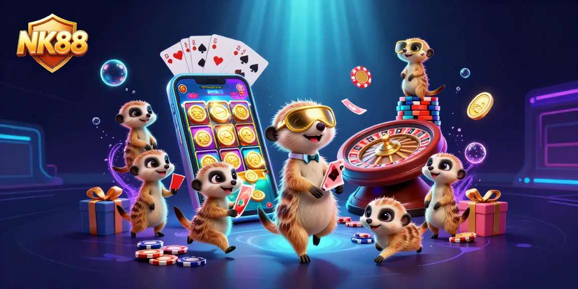 Experience the dynamic energy of NK88's vibrant casino with meerkats and exciting gaming elements.