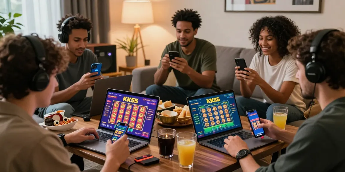 Friends enjoying online gaming at home with KK55 interface on screens, vibrant atmosphere.