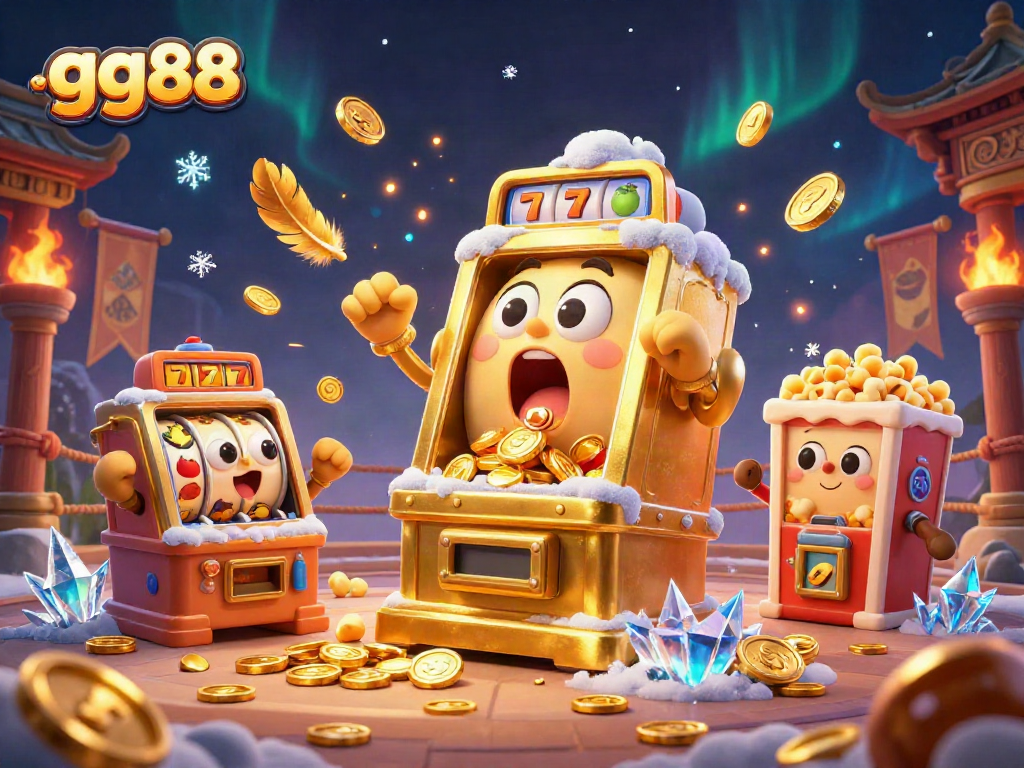 gg88 golden slot machine celebrating a jackpot win surrounded by cheering mini slots and popcorn.