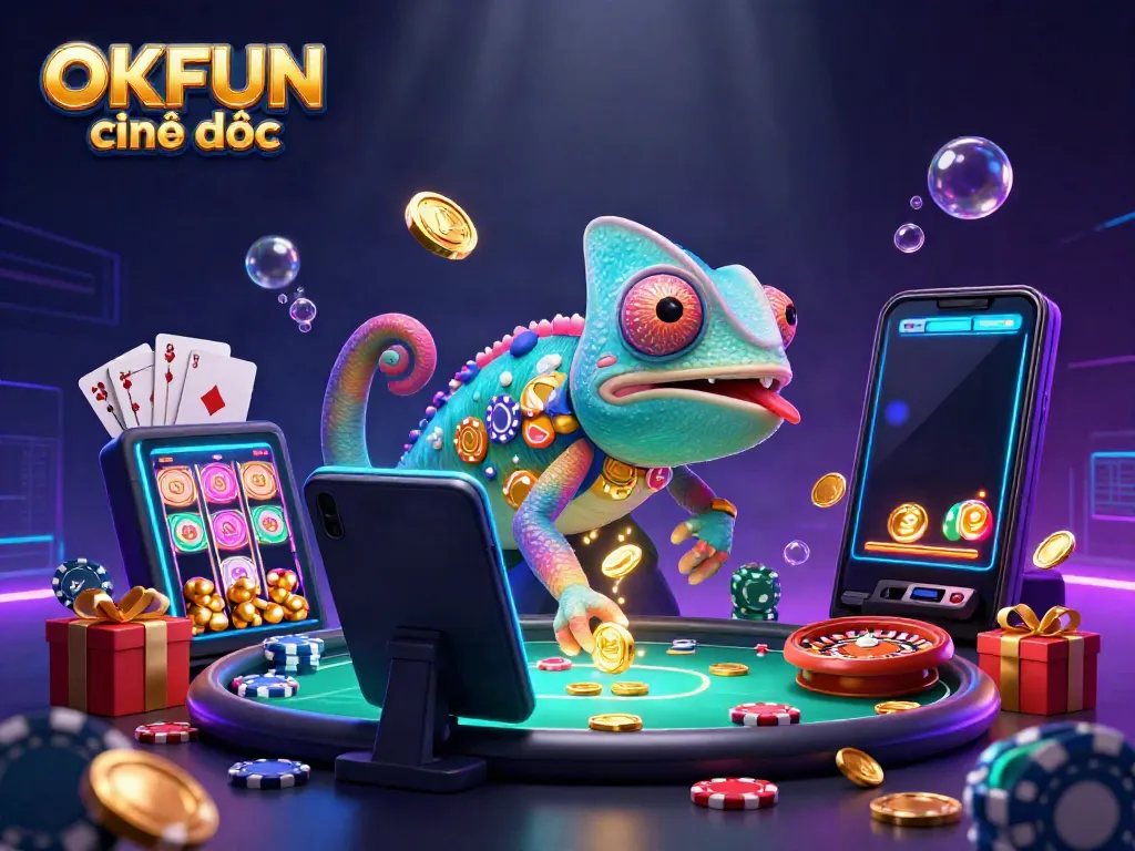Experience the vibrant play at OKFUN chính thức with a colorful chameleon casino owner and dynamic game elements.