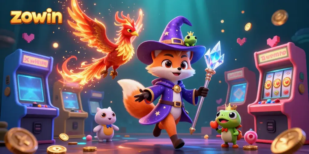 Experience the thrill of gameplay at Zowin with a magical wizard fox, phoenix, and vibrant gaming elements.