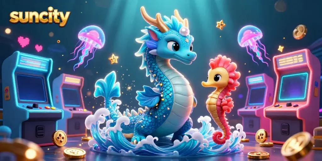 Engage with the vibrant suncity gaming world featuring a magical dragon and arcade elements.
