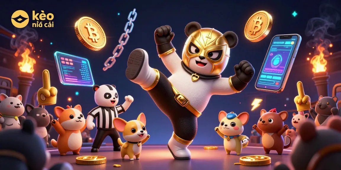 Engage with kèo nhà cái through a lively scene featuring a wrestler panda, referee chihuahua, and crypto elements.