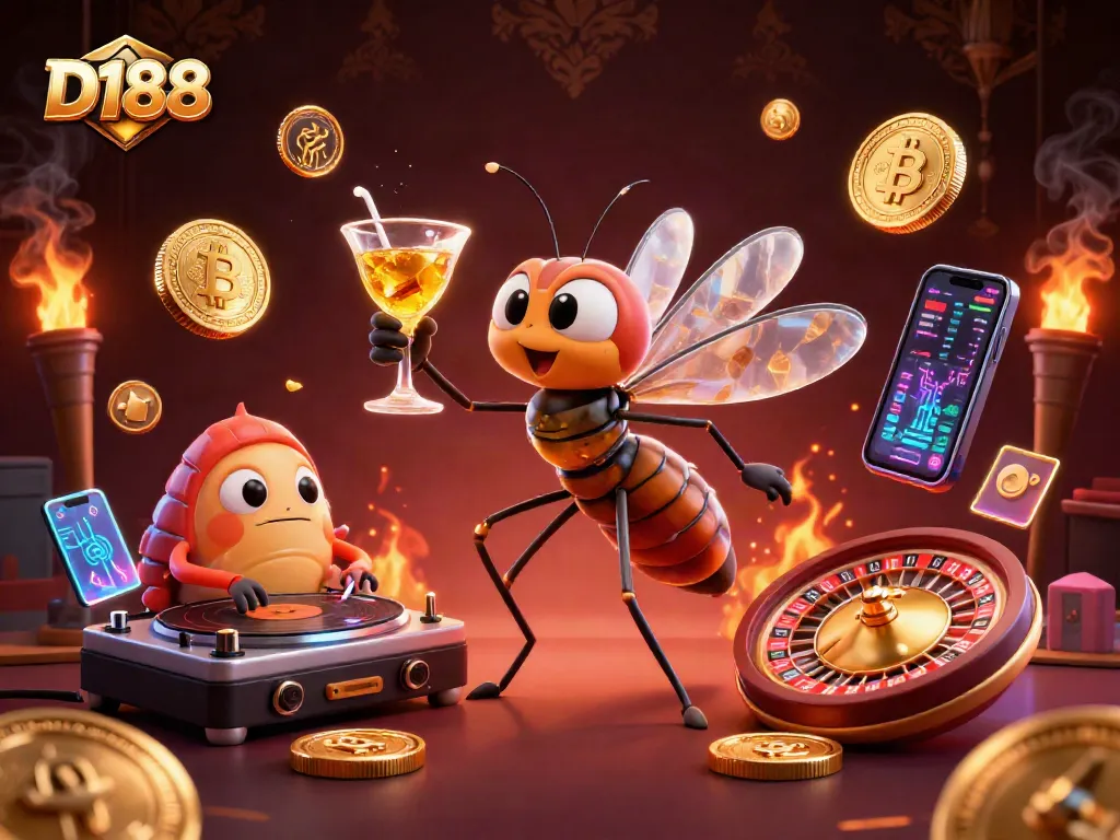 Spin to win with D188's animated casino scene featuring vibrant characters and crypto elements.