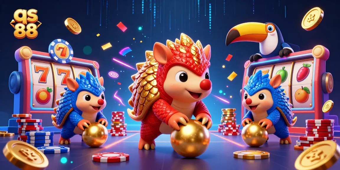 Experience thrilling gameplay at qs 88 as rival pangolins engage in animated slots battles amid poker chips and golden coins.