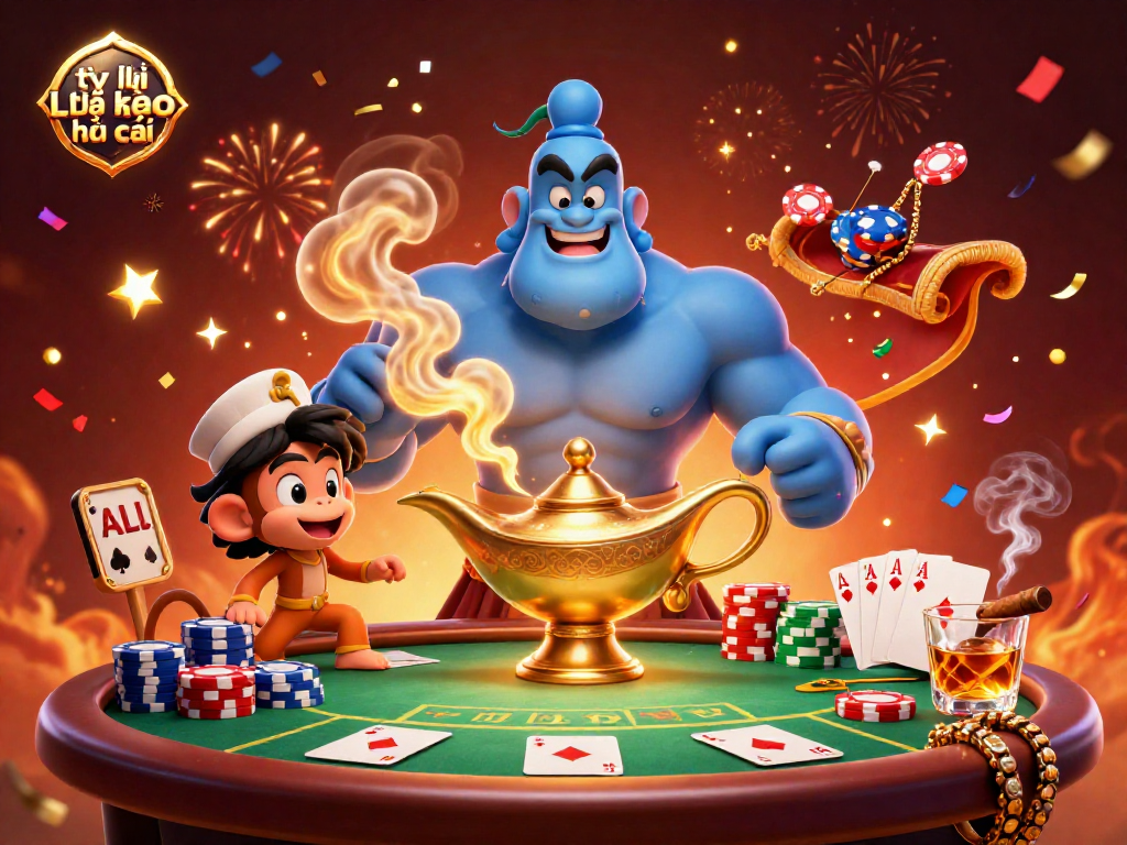 Engage with tỷ lệ kèo nhà cái through this vibrant 3D scene featuring a genie, monkey, and poker elements.