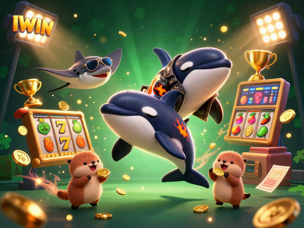 IWIN showcases exciting casino thrills with cartoon characters amid slot reels and gold coins.