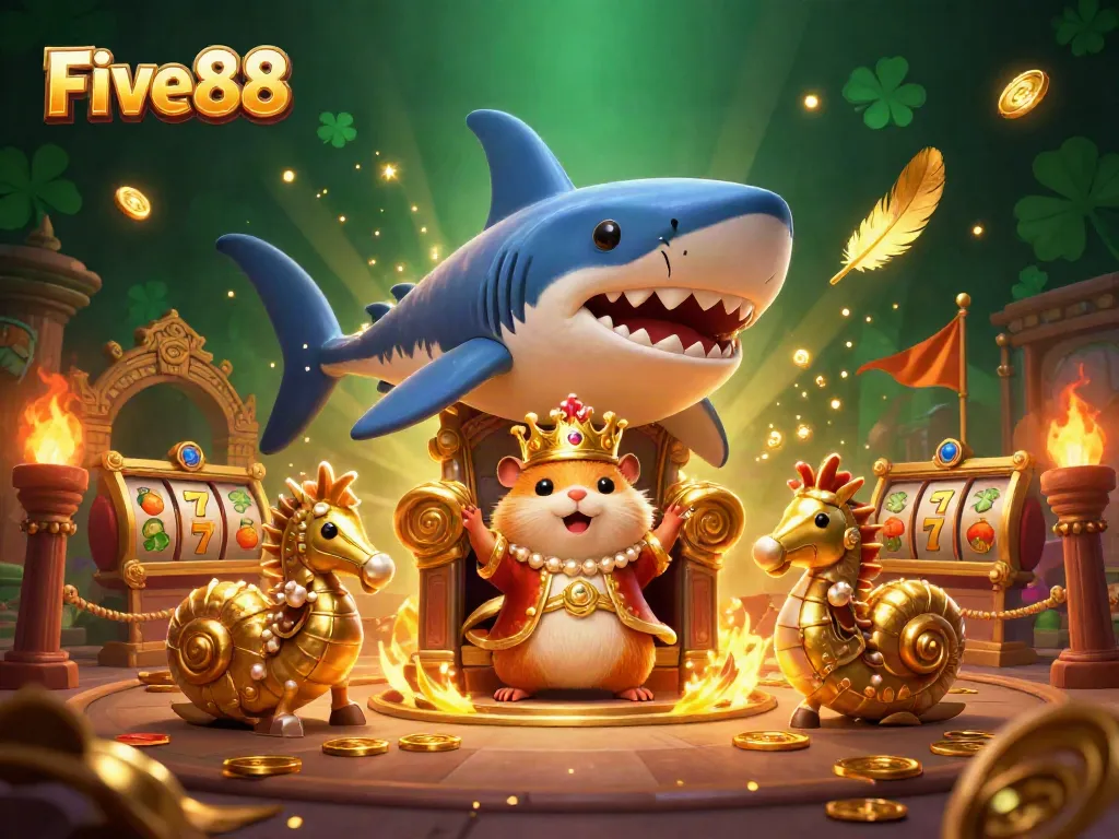 Experience the excitement of gambling with Five88, featuring a vibrant 3D scene with a hamster king and dynamic casino elements.