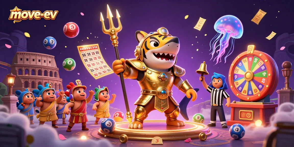Move-ev showcases a vibrant illustration of a tiger shark in gladiator armor amidst exciting lottery elements, celebrating online gambling.