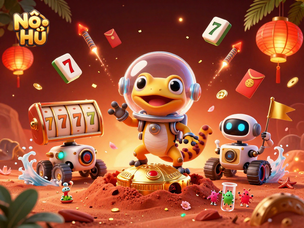 Engage with Nổ Hũ as a Martian gecko uncovers a golden casino amidst vibrant gaming elements.