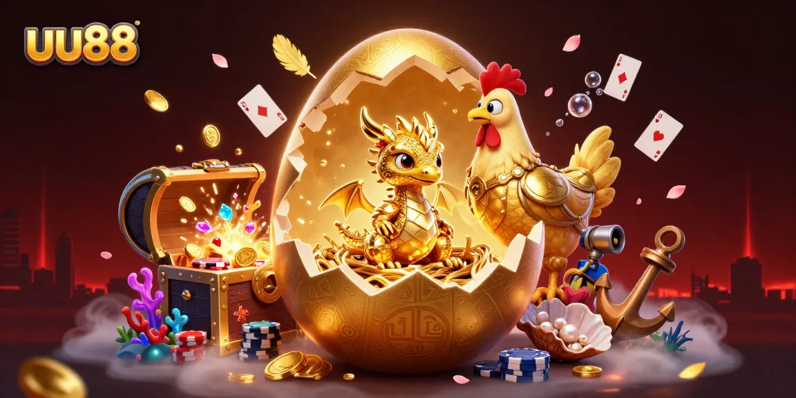 Experience the thrill of uu88 with a dragon emerging from a golden egg surrounded by poker chips and captivating gaming elements.