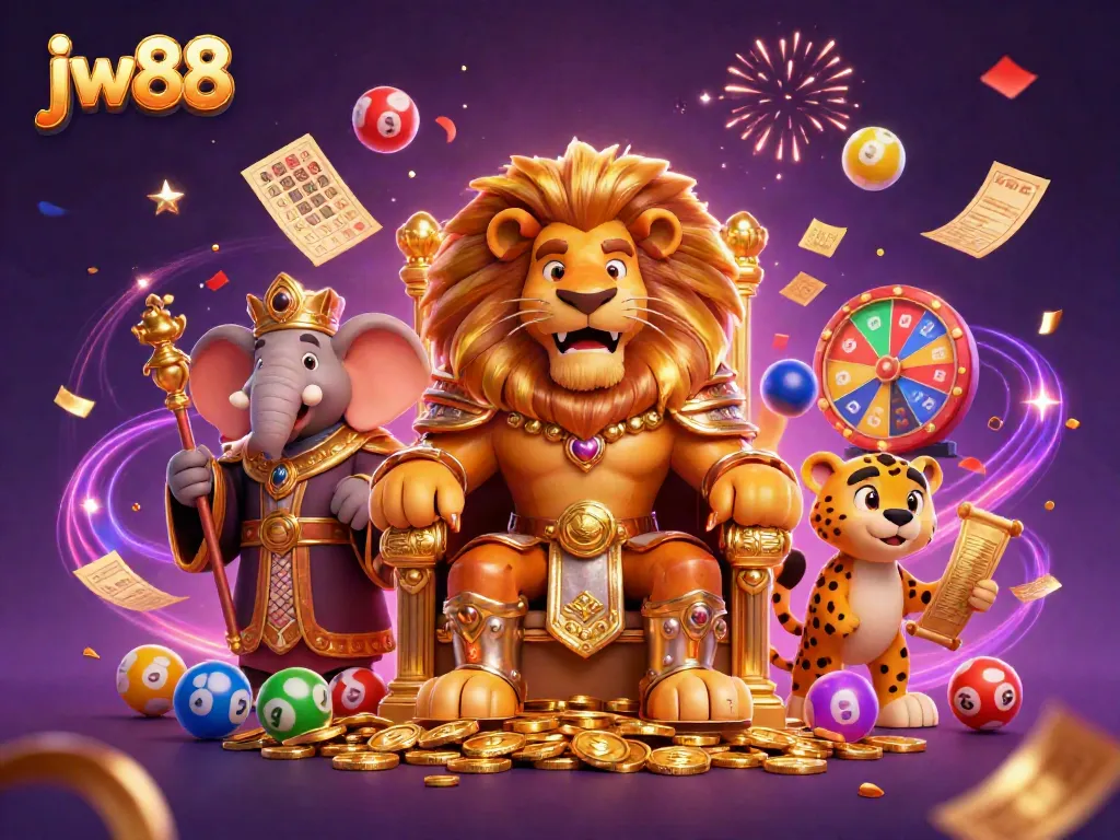 Experience thrilling excitement at jw88 with a vibrant 3D casino scene featuring a majestic lion king and lively game elements.