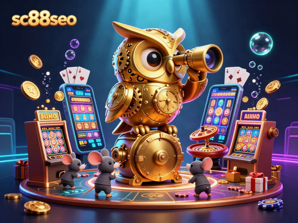 Win exciting jackpots with sc88seo’s vibrant casino scene featuring a golden owl observing a dynamic gaming action.