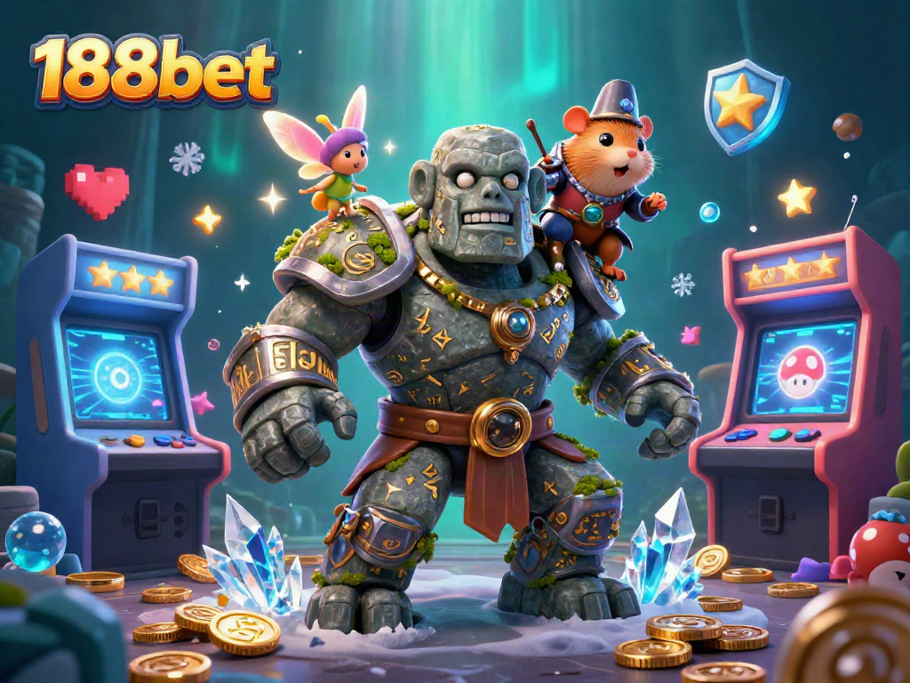 Experience the vibrant magic of 188bet casino with a golem, fairy, and knight in a dynamic gaming scene.