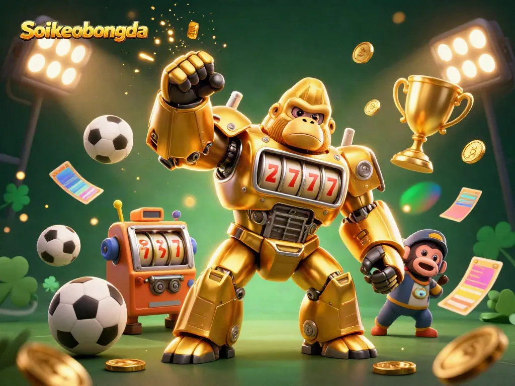 Experience Soikeobongda with a vibrant 3D illustration of a golden gorilla mech surrounded by dynamic sports elements.