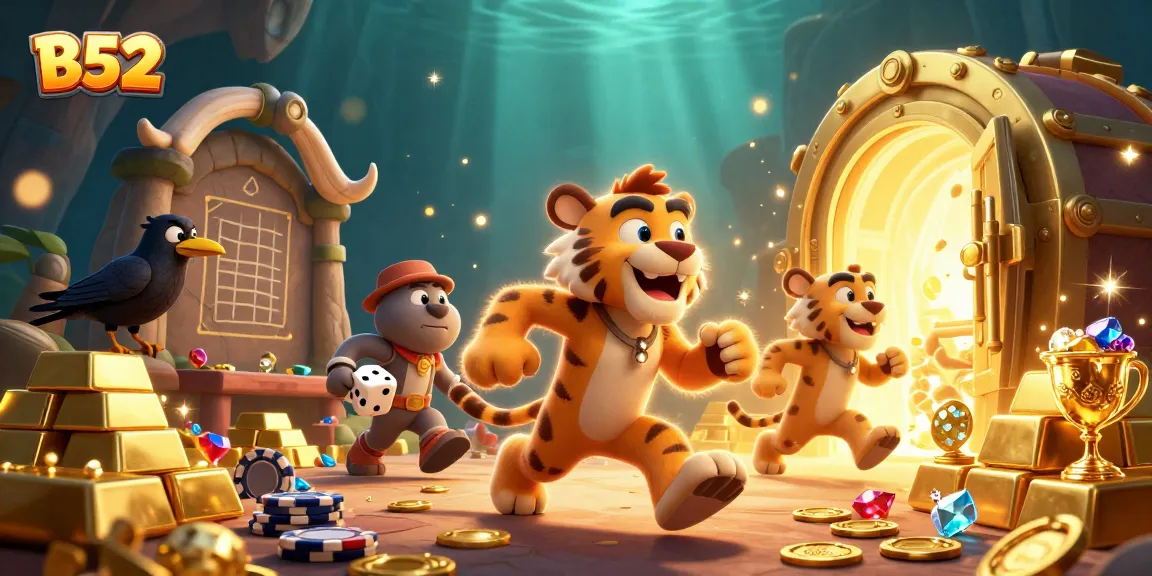 B52 casino adventure featuring caveman duo and sabertooth tiger amidst gold treasures and sparkling gaming elements.
