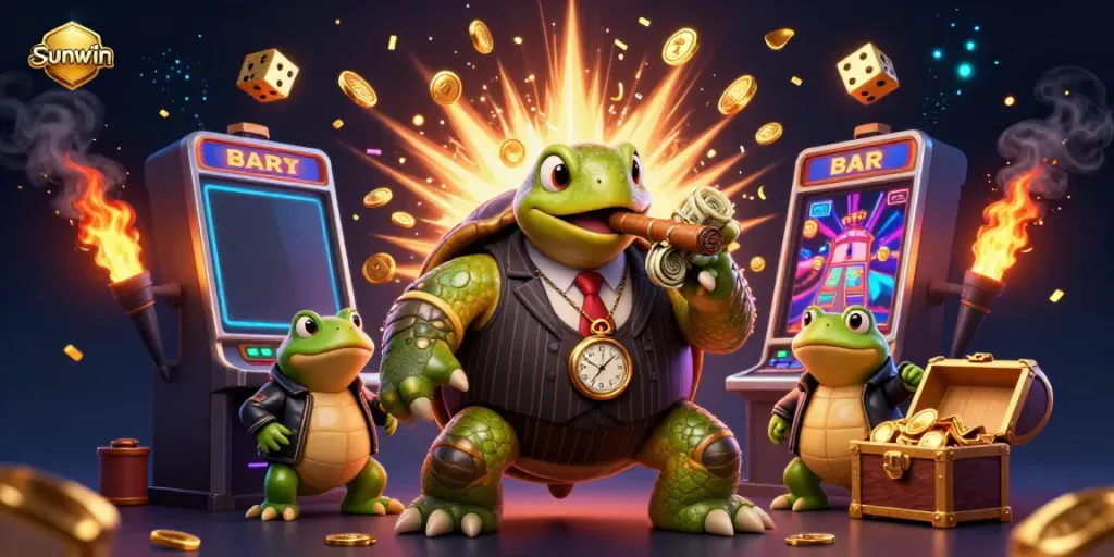 Experience the dynamic Sunwin casino with a 3D cartoon turtle and bullfrog enforcers amidst vibrant jackpot visual effects.