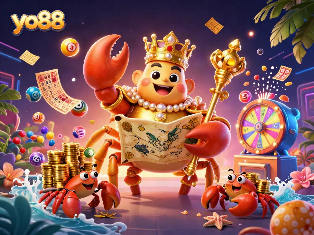 Play exciting games at yo88 featuring a golden crab emperor surrounded by vibrant lottery elements.