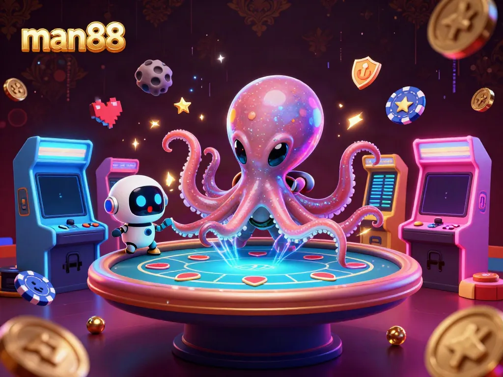 Engaging scene showcasing man88 with a cartoon alien octopus at a holographic poker table in a vibrant casino setting.