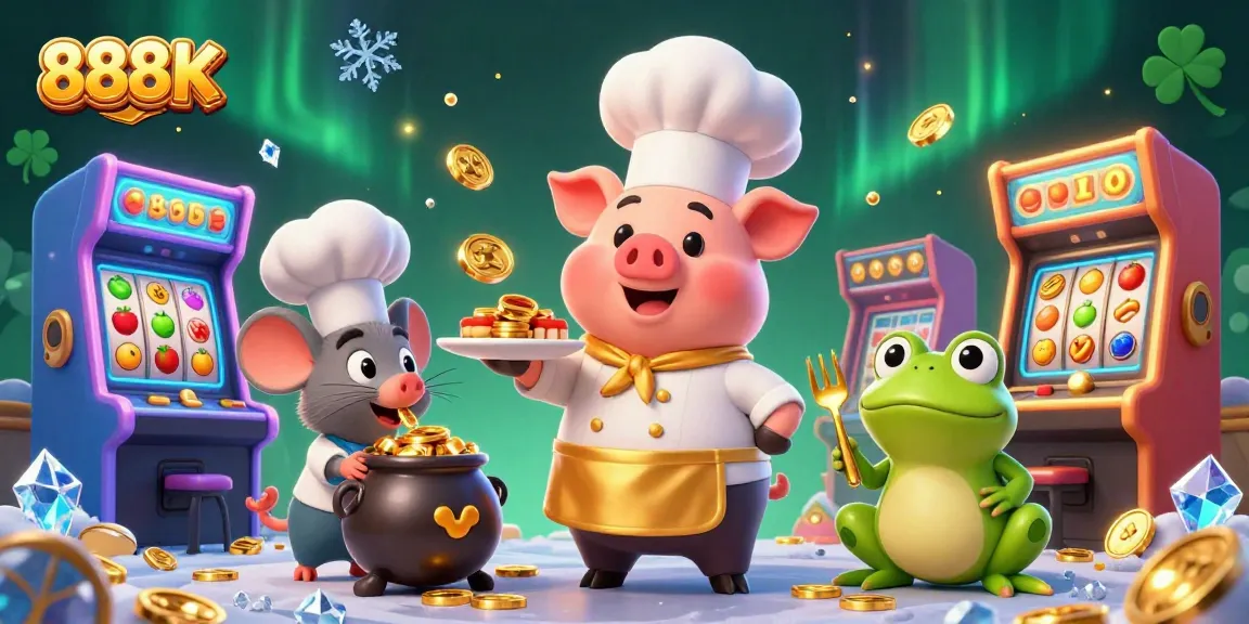 Bet on excitement with 888K’s vibrant casino scene featuring gold coins, games, and charming characters.