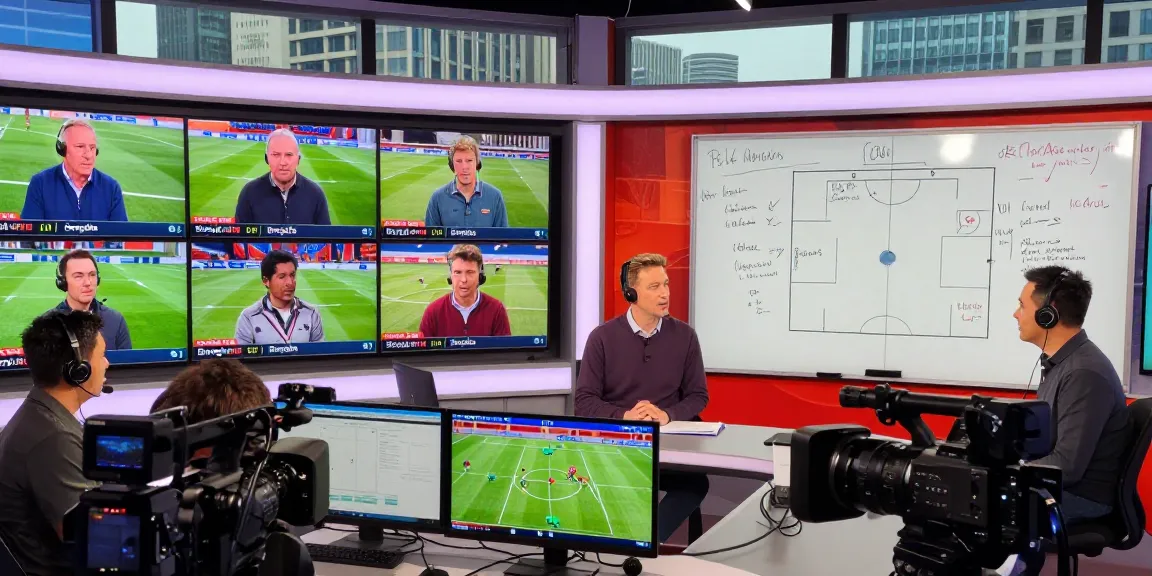 Bongdata analysts in a lively sports broadcasting studio discussing football odds and match stats.
