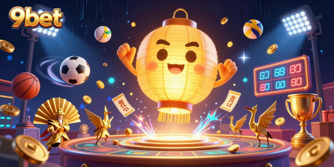 Experience excitement with 9bet in this vibrant 3D casino illustration featuring dynamic sports betting and lucky symbols.