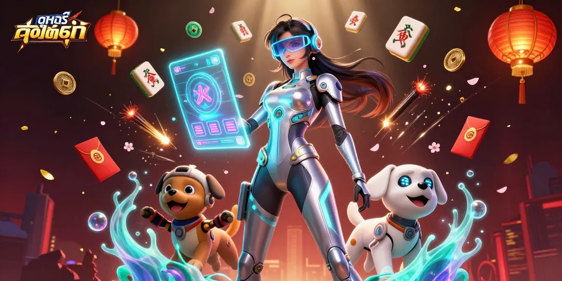 Engage in ดูหนังออนไลน์ with a futuristic setting of a woman and robot dog amidst vibrant casino elements.