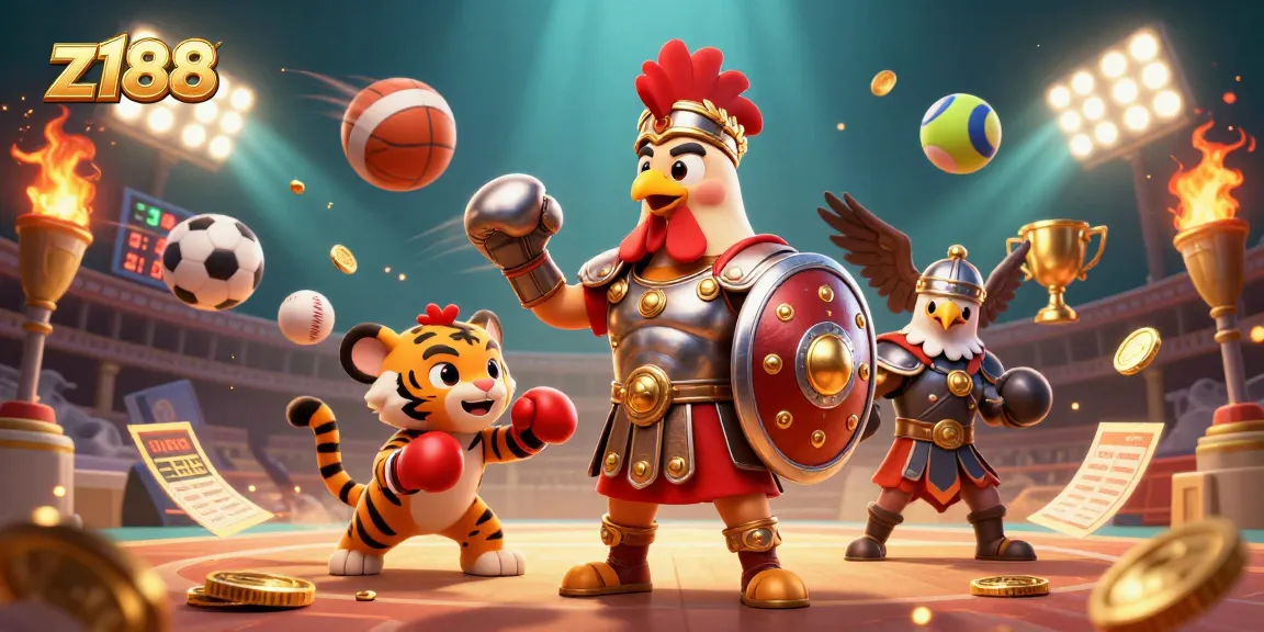 Experience thrilling action with z188, featuring a gladiator rooster in a vibrant 3D casino scene.