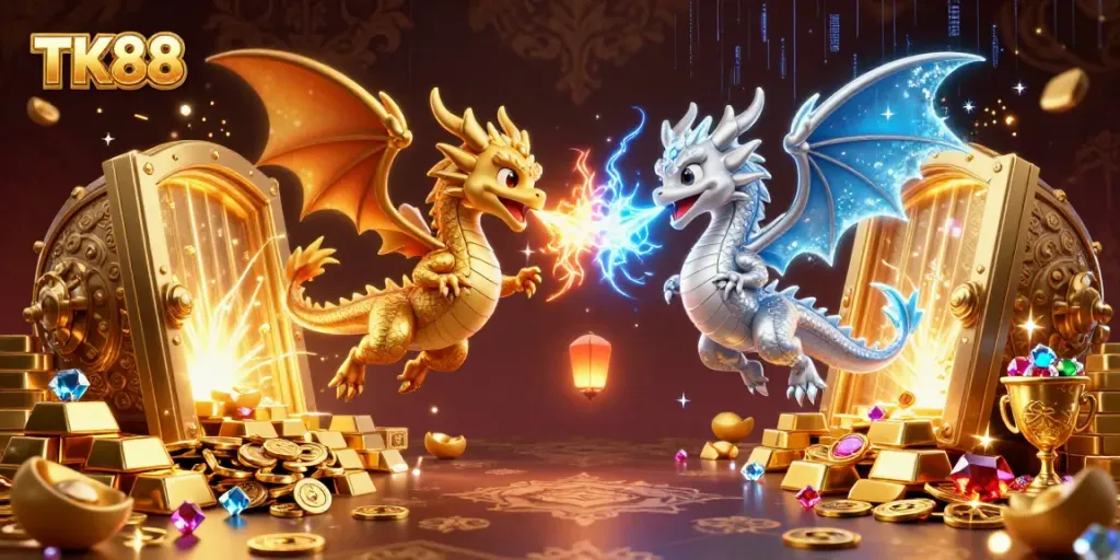 Experience thrilling casino adventures with TK88, featuring gold and silver dragons amidst treasure.