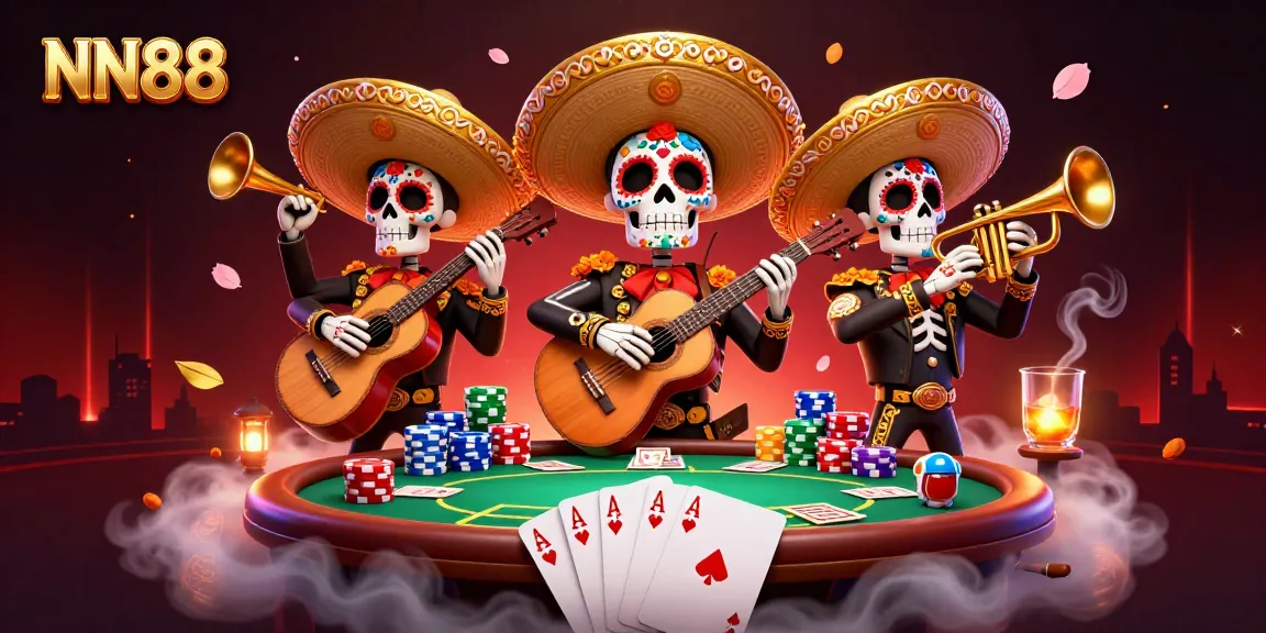Engage in thrilling poker battles with NN88's mariachi band amid vibrant casino elements.
