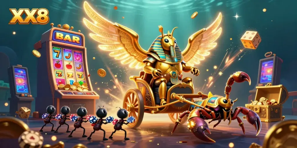 Experience the excitement of the XX8 casino with vibrant illustrations of jackpot-winning action and thematic gaming elements.
