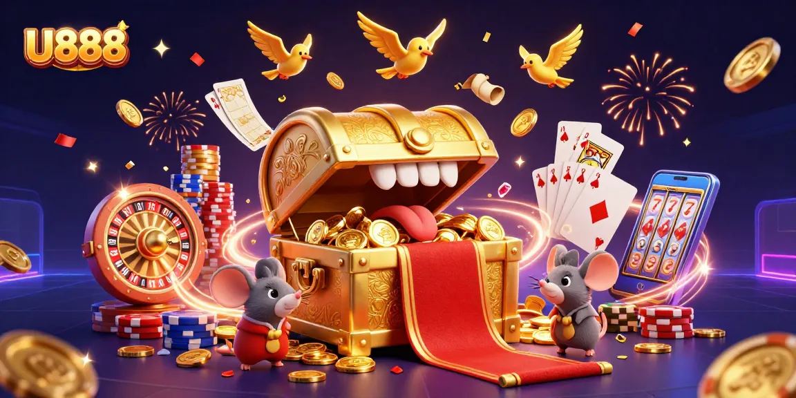 U888 entices players with a dynamic treasure scene filled with cascading coins, roulette wheels, and festive energy.