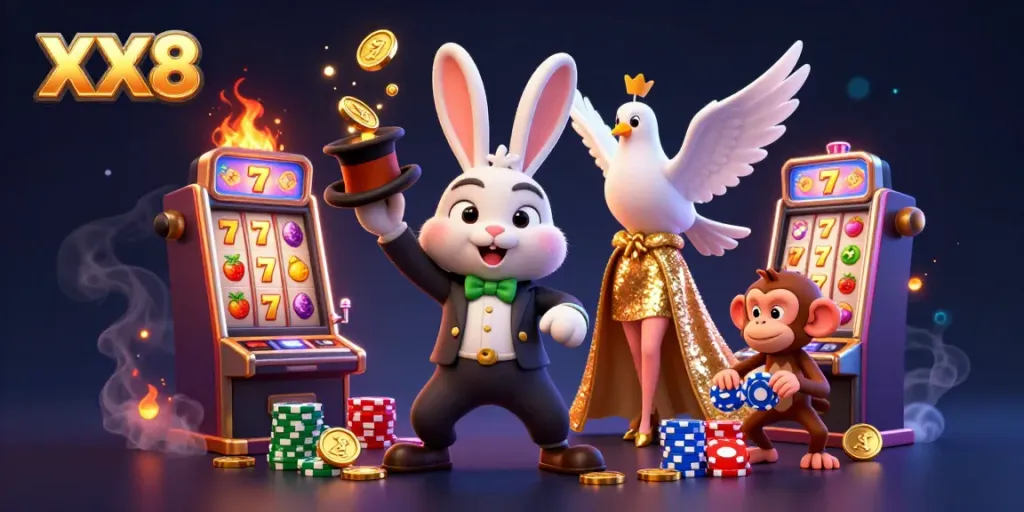 Experience the thrill of XX8 with a magician rabbit, a sequined dove, and monkey antics amid casino slots.