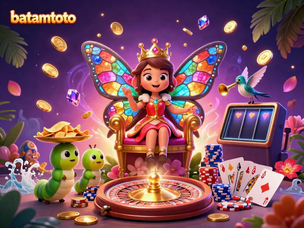 Experience batamtoto excitement with a vibrant casino scene featuring a butterfly queen and playful elements.