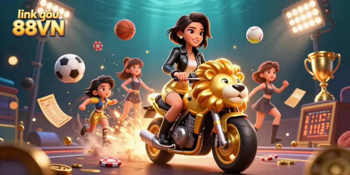 Bet on exciting matches with link vào 88VN featuring a glamorous woman riding a golden lion amidst sports action.