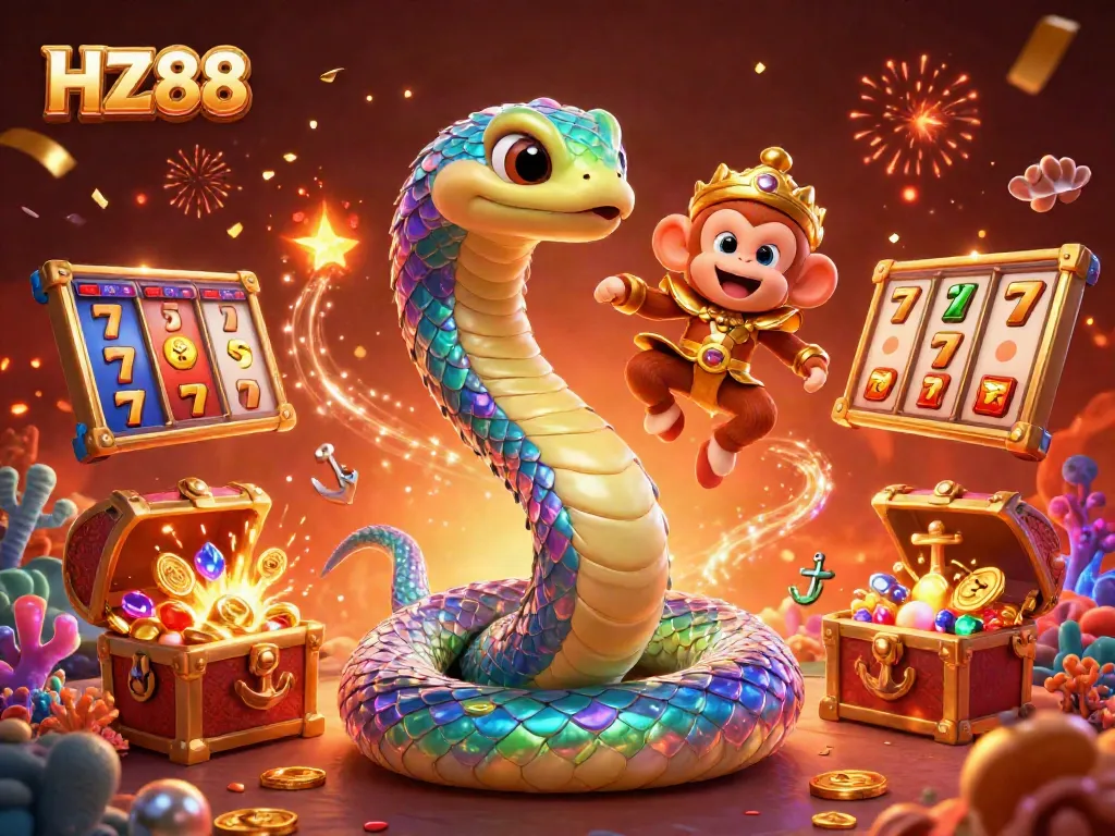 Experience HZ88's vibrant gaming world with iridescent creatures, golden treasures, and dynamic slot elements.