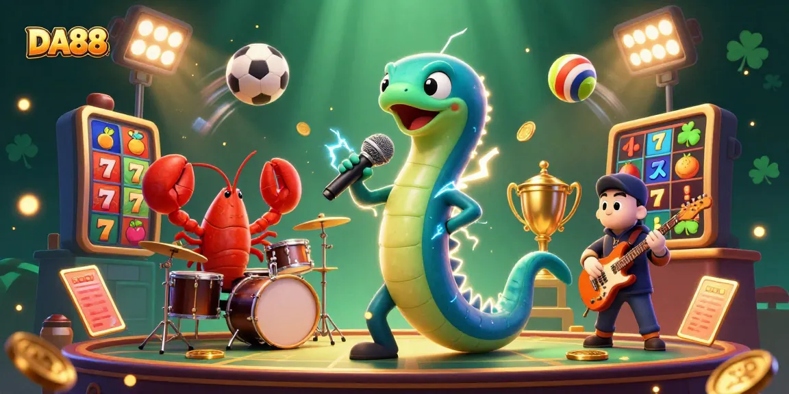 Experience the DA88 thrill with a DJ eel and band in a vibrant underwater casino scene.