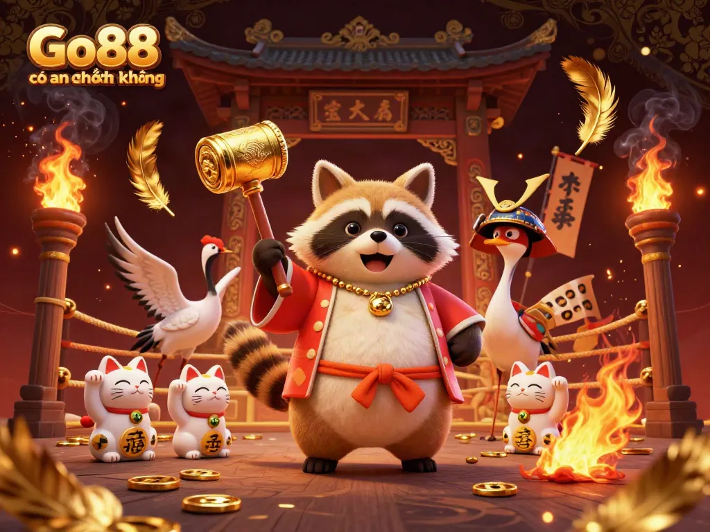 Experience casino magic with Go88 có an toàn không featuring a tanuki and maneki-neko in festive celebration.