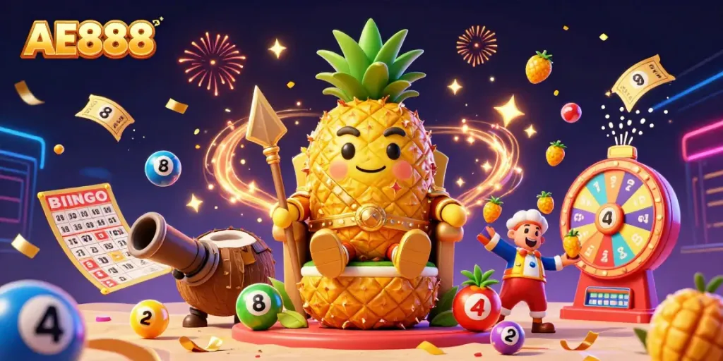 Join the fun at AE888 Casino with a dynamic illustration featuring a golden pineapple king, colorful lottery balls, and a festive atmosphere.