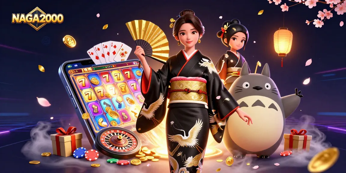 NAGA2000 menampilkan petualangan kasino yang mendebarkan dengan seorang wanita elegan dan tanuki kartun di tengah suasana permainan yang dinamis.