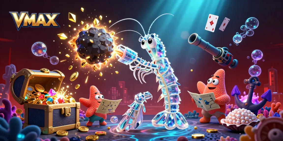VMAX showcases an action-packed casino scene featuring vibrant characters amidst exploding treasure and dynamic gaming elements.